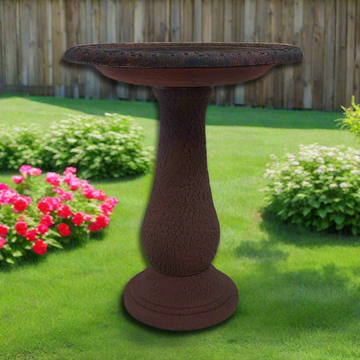 Fiber clay birdbath with design rim in red/charcoal, 24&quot; height, garden decor.