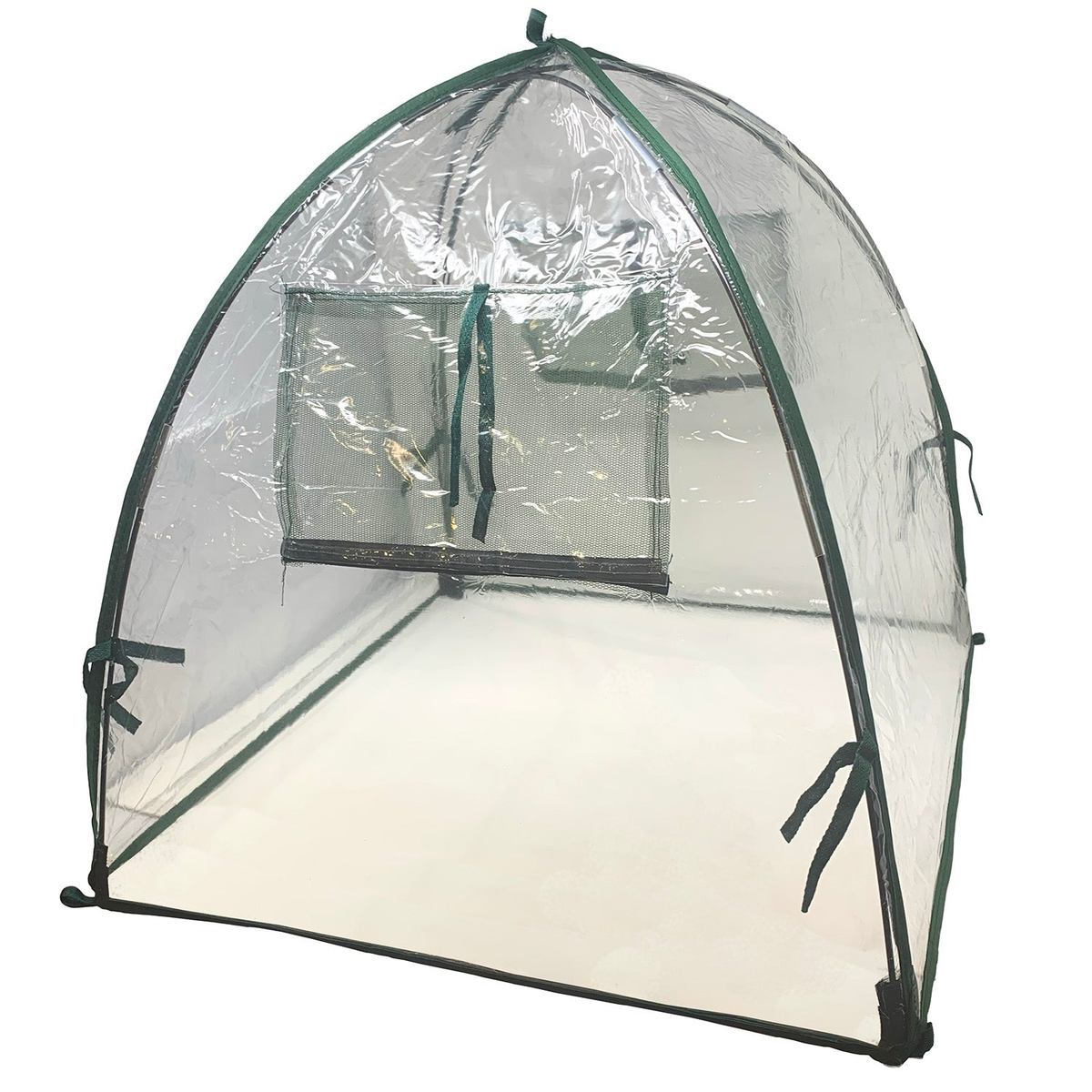 Standard Easy Poly Dome Plant Protection Cloche, 22&quot; x 22&quot; x 22&quot;, transparent polyethylene structure with green steel hoops for garden use.