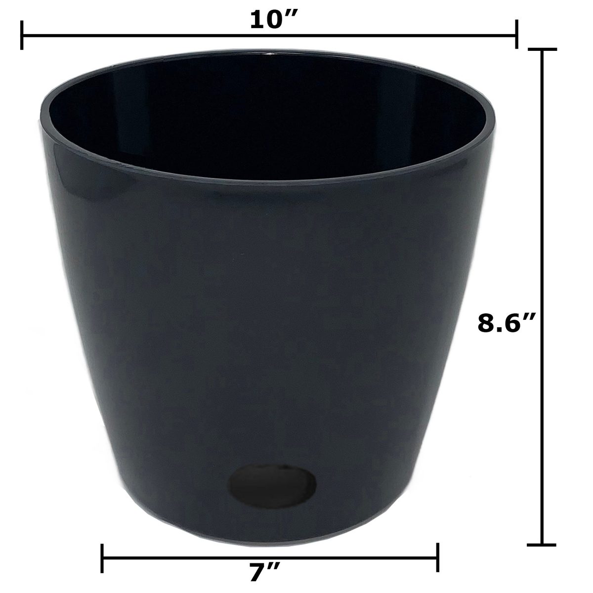 10&quot; black round bamboo self-watering plant pot for indoor/outdoor use.