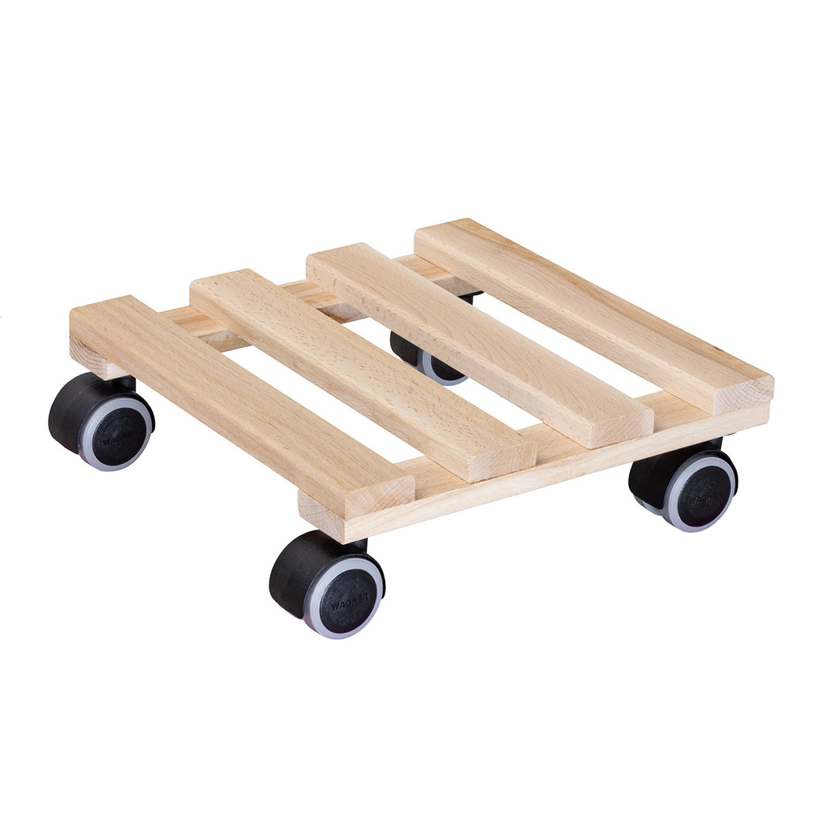 10&quot; square natural wooden pallet indoor plant caddy with twin-wheel casters for smooth movement.