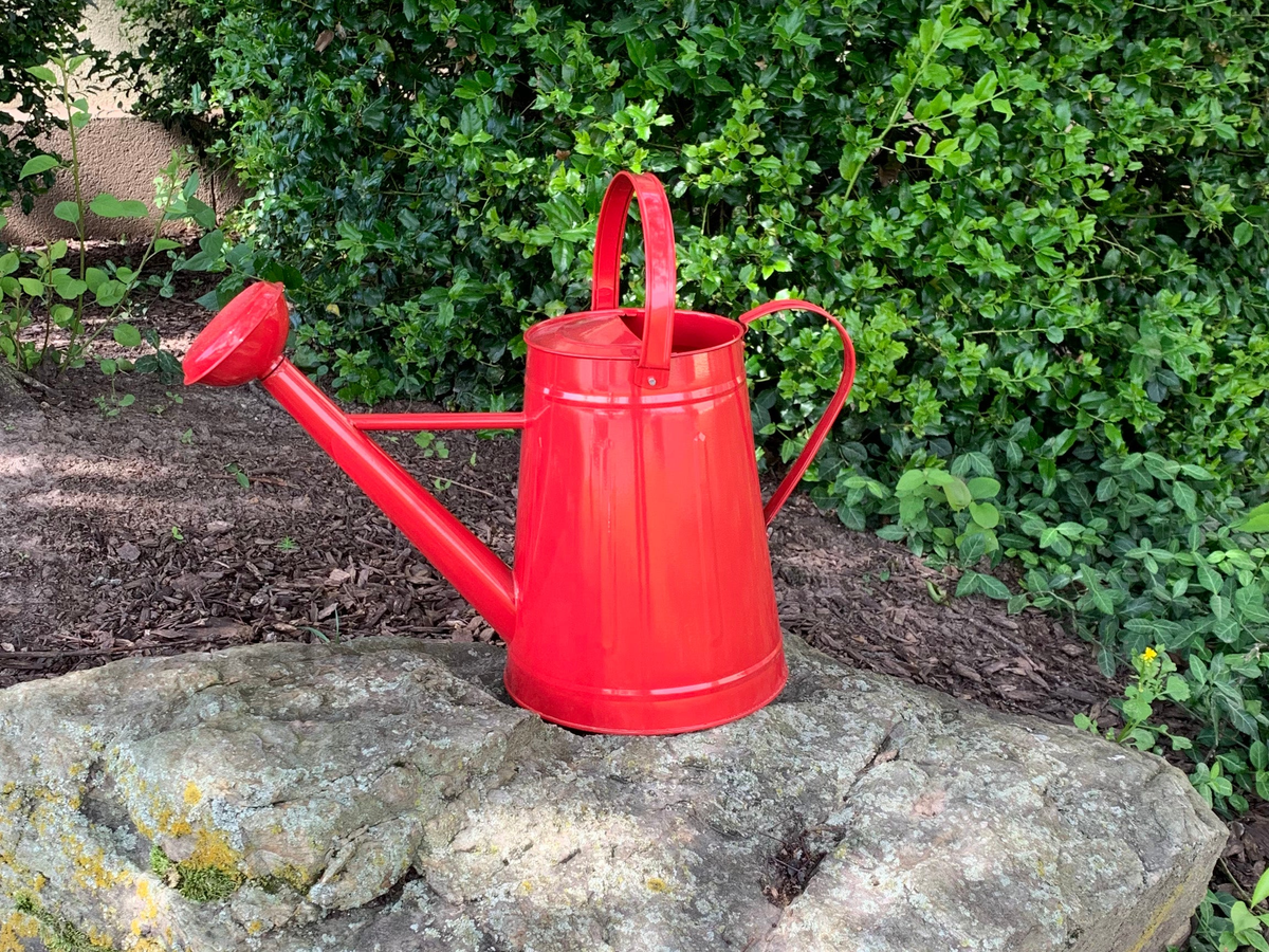 Red traditional metal watering can with dual handles and sprinkler head on rock, garden background.