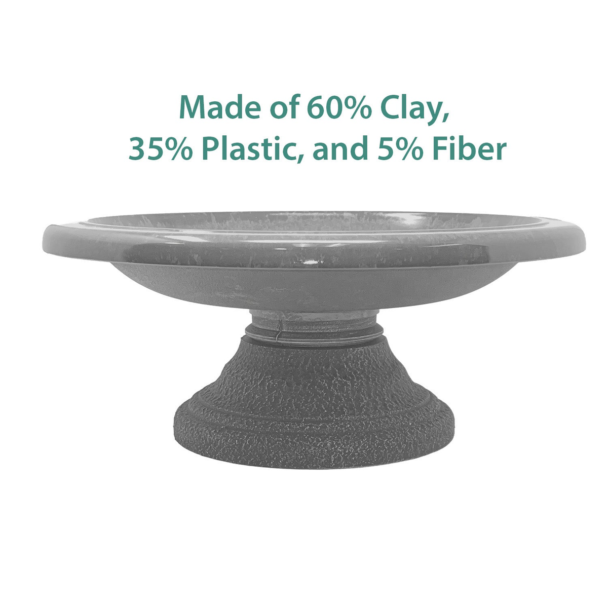 Fiber Clay Lightweight Birdbath in Azure Blue, 19&quot; diameter, made of 60% clay, 35% plastic, and 5% fiber.