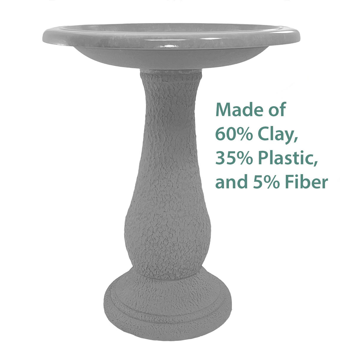 Fiber clay birdbath in kale green, 19&quot; diameter, 24&quot; height, with a sturdy hollow base made of 60% clay, 35% plastic, and 5% fiber.