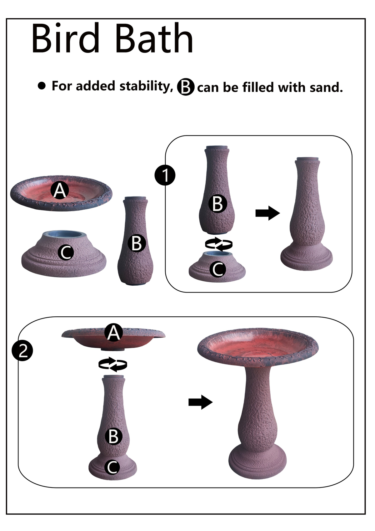 Antique brown fiber clay birdbath with sand-fillable base, 19&quot;D x 24&quot;H, easy assembly.