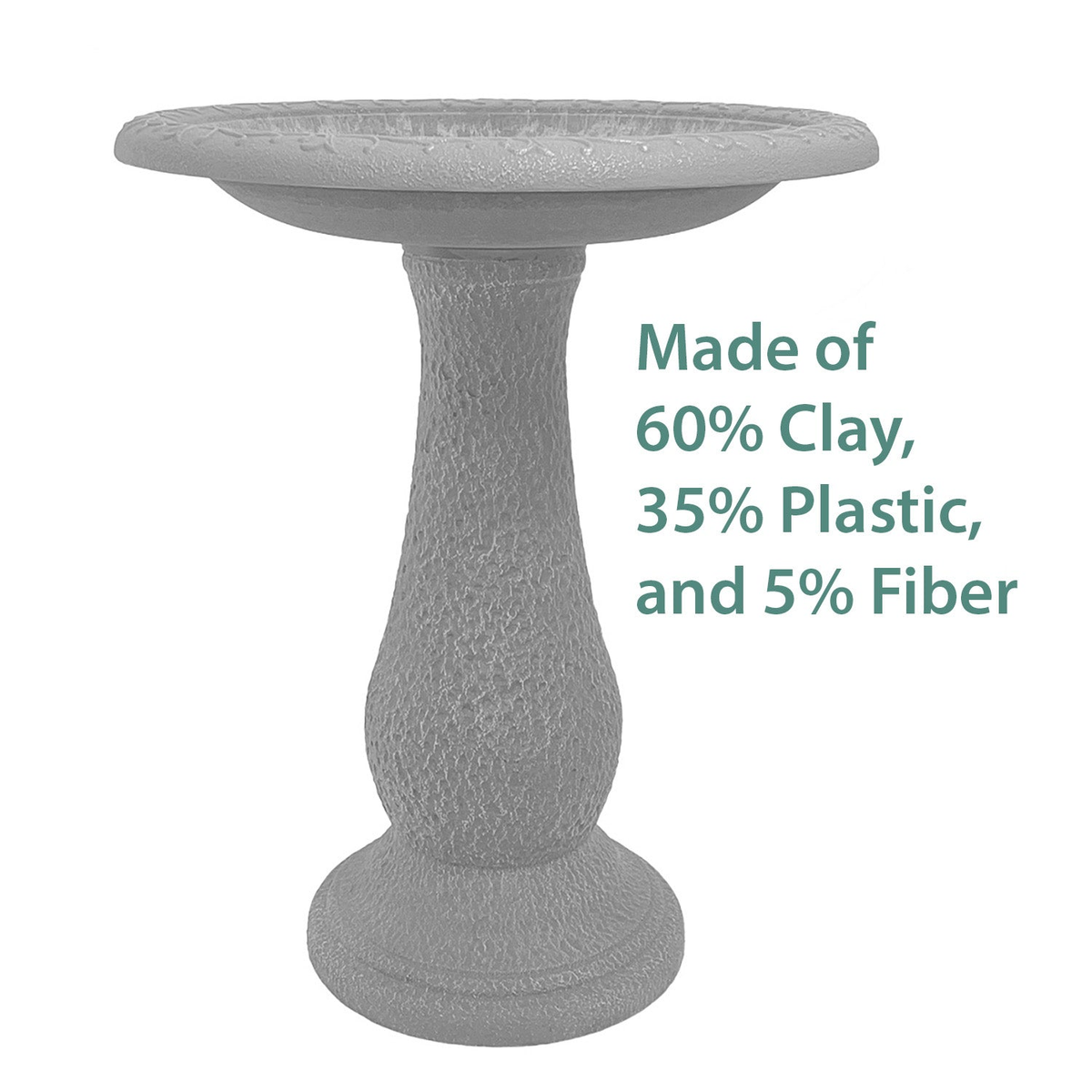 Fiber clay birdbath with design rim, 19&quot; diameter, terra cotta color, featuring sturdy construction with 60% clay, 35% plastic, and 5% fiber. Ideal for gardens.