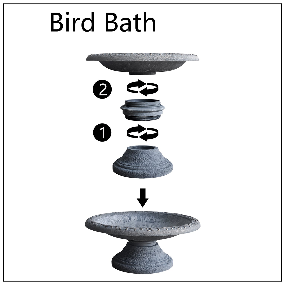 Azure Blue Fiber Clay Birdbath assembly diagram, 19&quot; diameter, 7.5&quot; height, lightweight design.