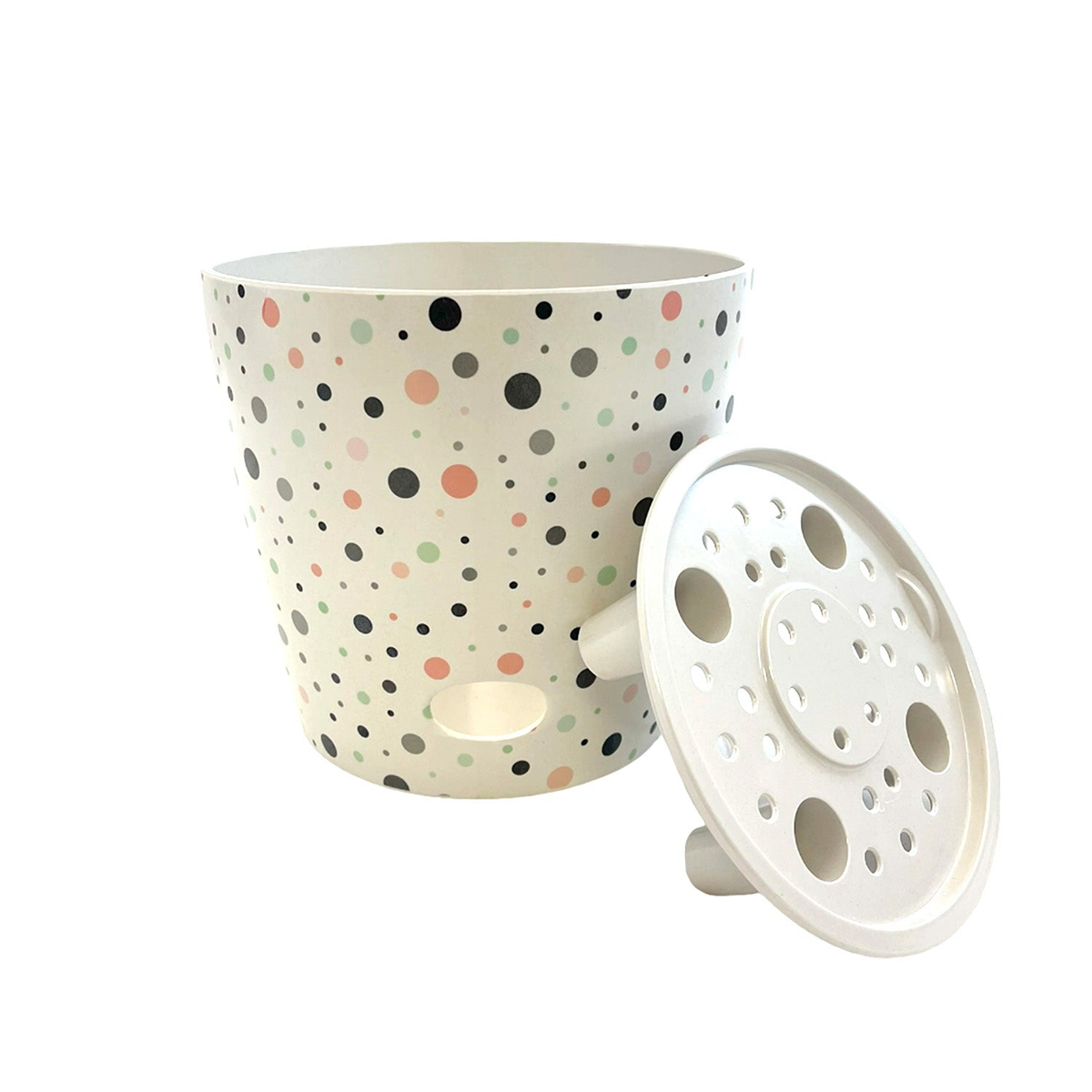 7&quot; dots round bamboo self-watering plant pot, biodegradable and eco-friendly.