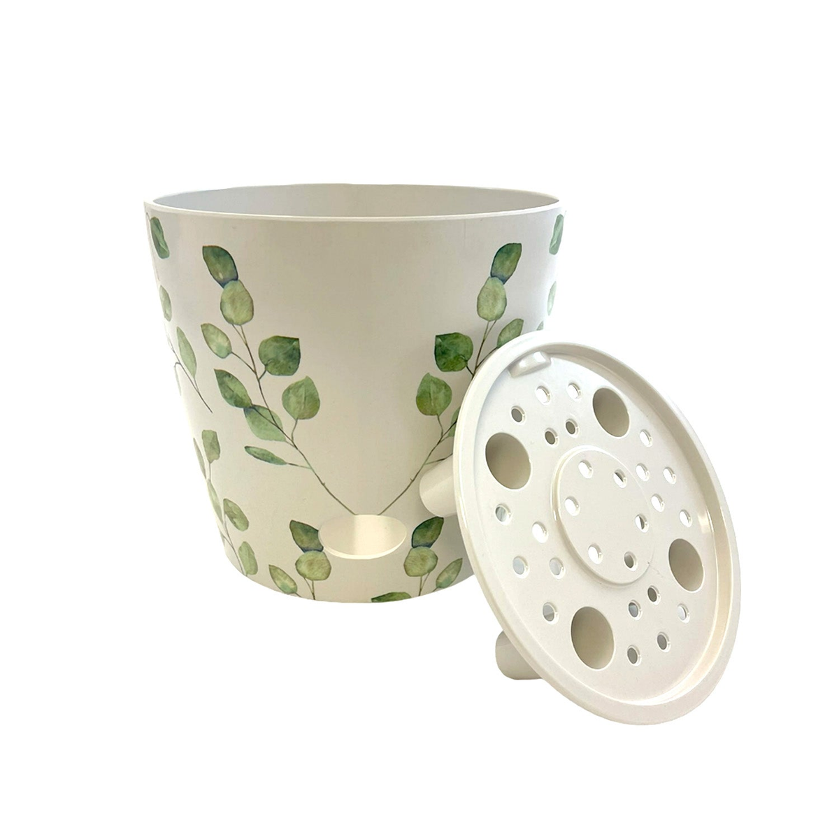 7&quot; Green Leaves Round Bamboo Self-Watering Pot with lid, eco-friendly and biodegradable.