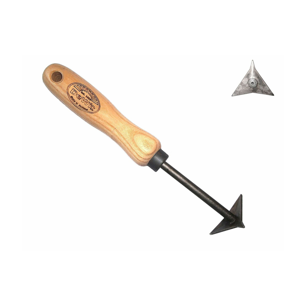 DeWit Triangle Patio Knife with wooden handle and V-shaped weeding blades.