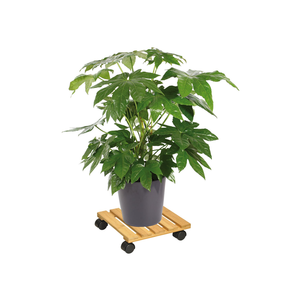 11.4&quot; square bamboo indoor plant caddy with swivel casters, supports 220 lbs, eco-friendly design.