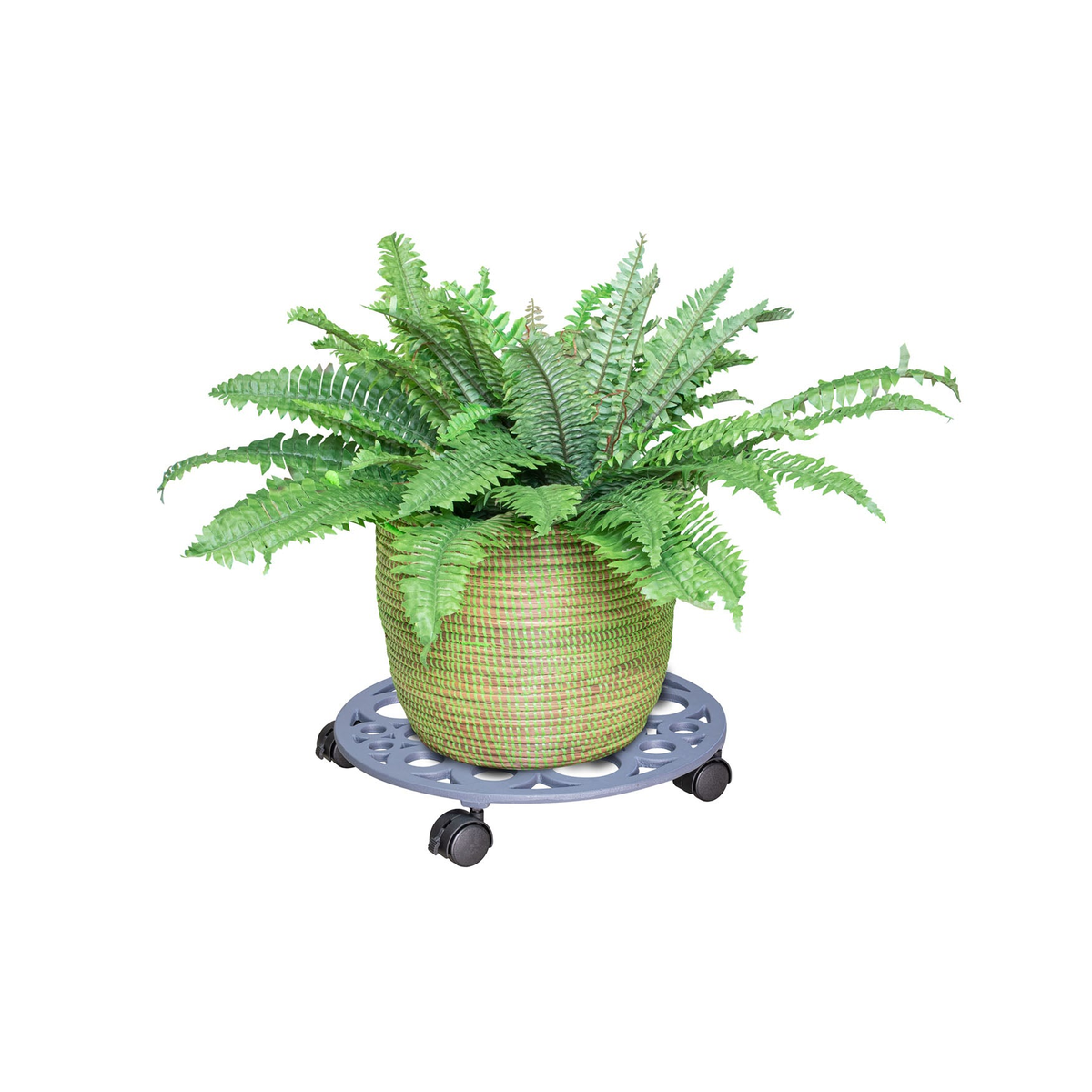 15&quot; pewter round cast iron plant caddy with brakes, water-resistant, supports 165 lbs, dark grey for indoor/outdoor use.