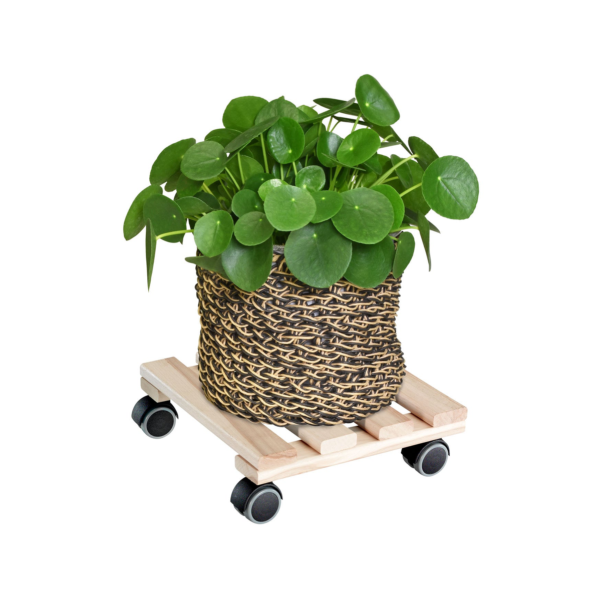 10&quot; square natural wooden pallet indoor plant caddy with twin-wheel casters for smooth movement on floors.