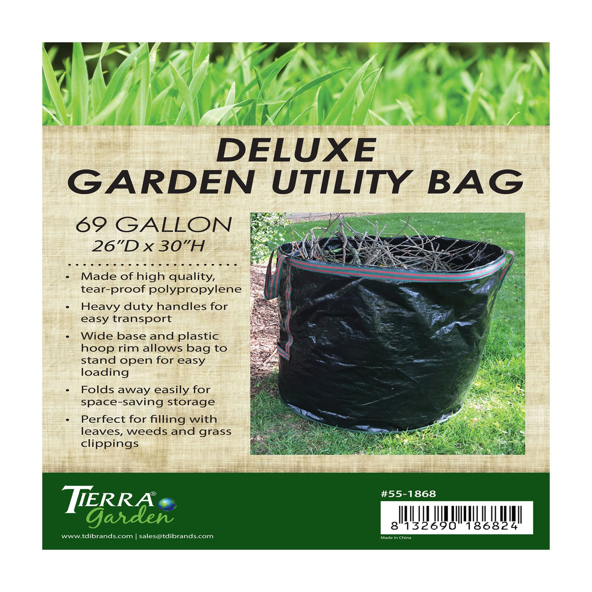 69-gallon deluxe black reusable yard waste tip bag with handles, self-standing design.