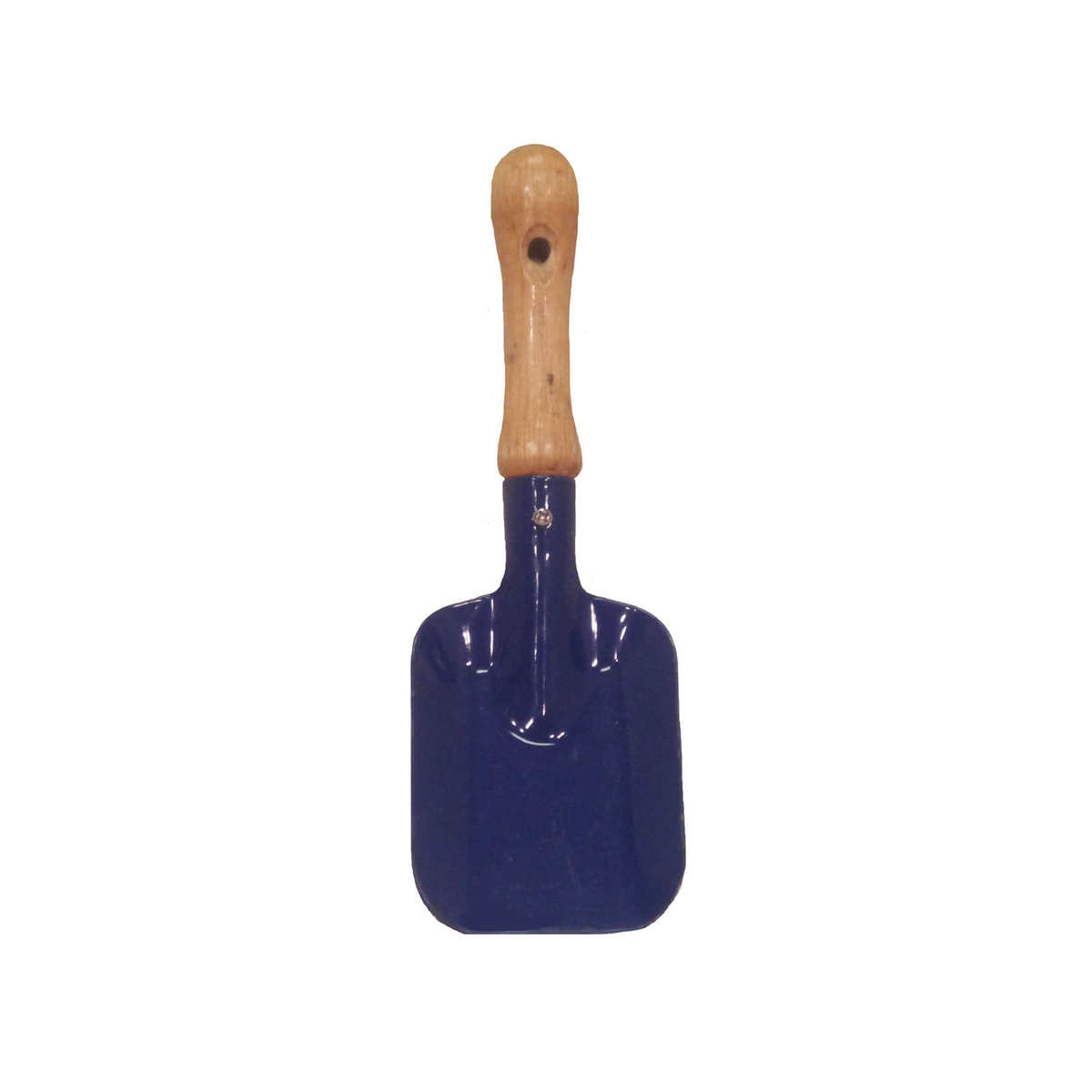 Small kids square trowel with blue metal head and wooden handle, ideal for young gardeners.