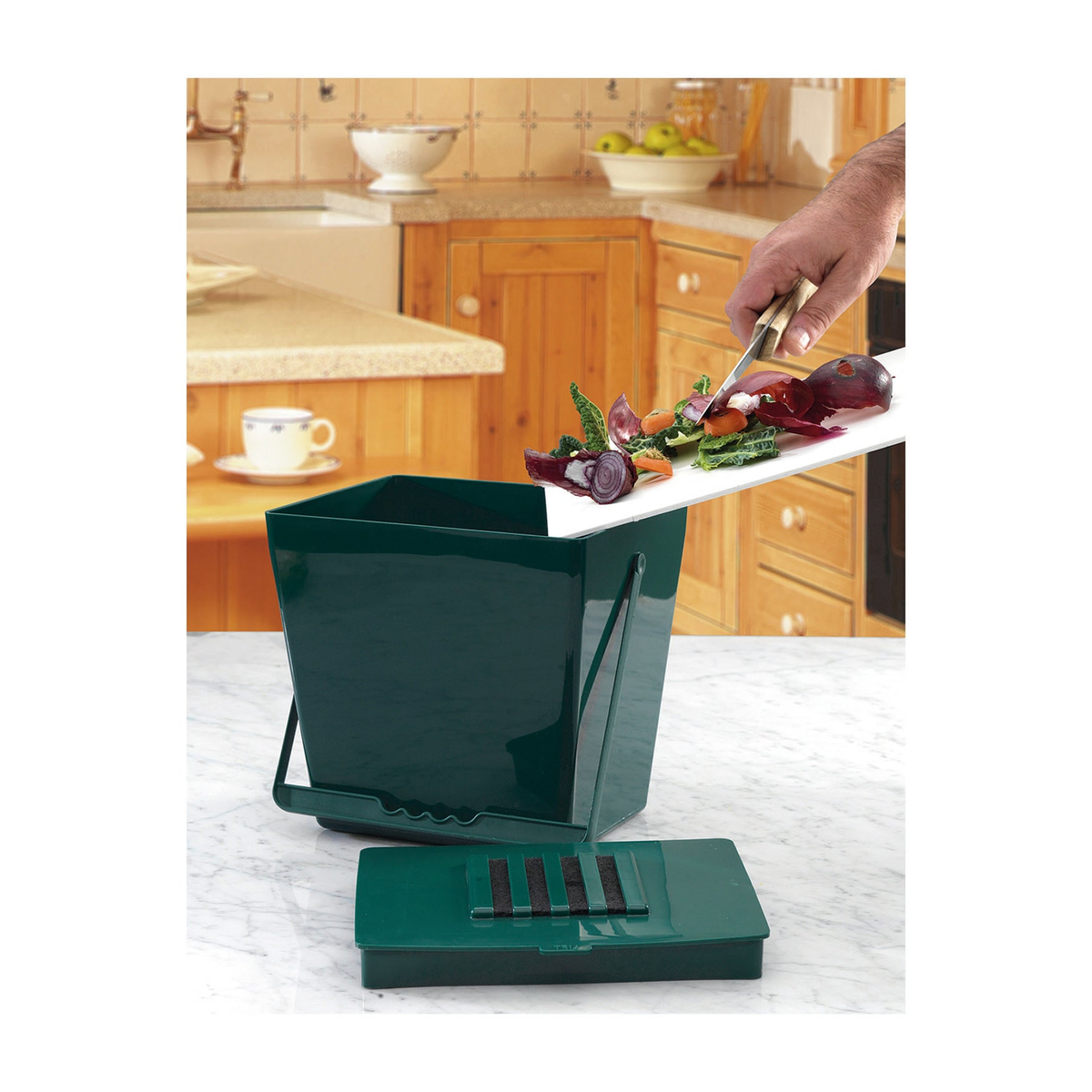 Mini Compost Caddy 1.3 Gallon, recycled plastic, charcoal filter lid, ideal for small kitchens.