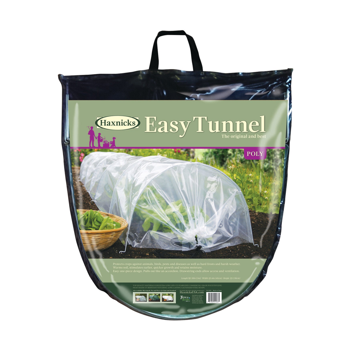 Easy Poly Garden Tunnel, 118&quot; for early spring gardening, UV-stabilized polyethylene, rust-proof steel hoops, and drawstring ends.