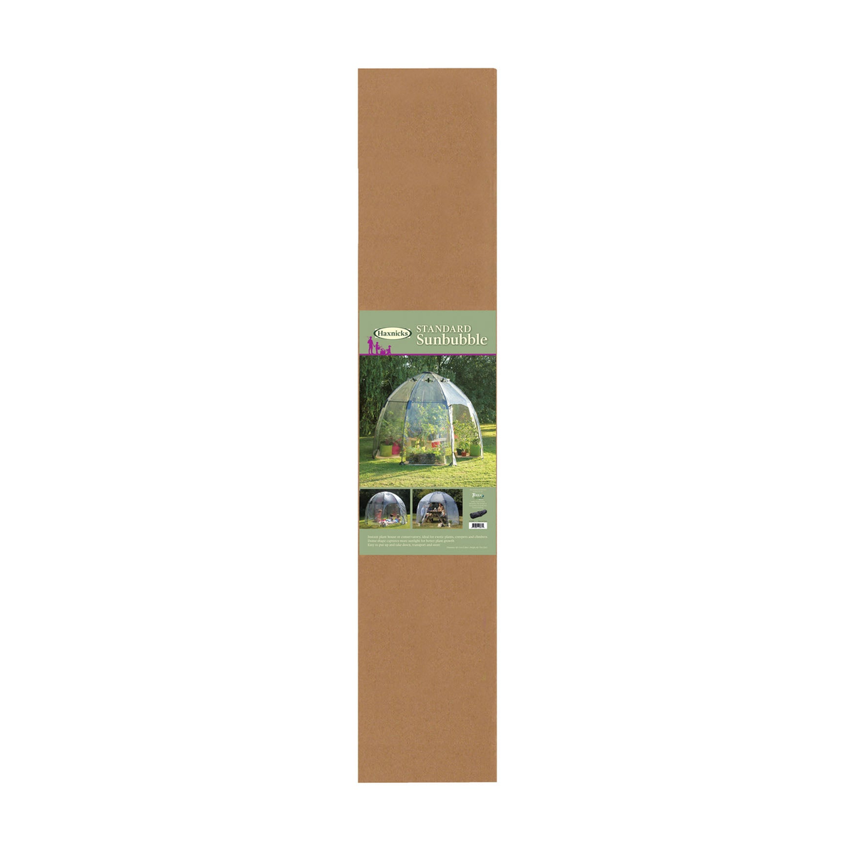 Walk-In Greenhouse packaging with image of assembled Sunbubble, highlighting UV-stabilized PVC, fiberglass rods, and dome shape.