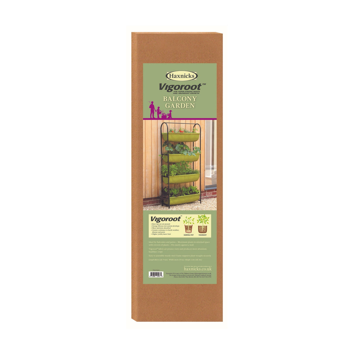 Vigoroot Balcony Garden packaging with plant growing system for small spaces.