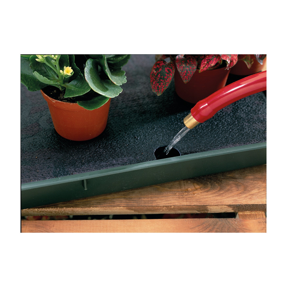 Green self-watering windowsill tray with terra cotta pots and capillary system.