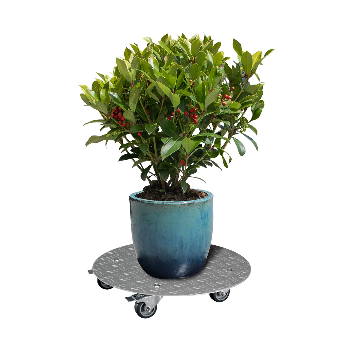 15&quot; Silver Round Diamond Plated Aluminum Plant Caddy with brakes, durable, rust-free, supports 330 lbs, floor-protective casters.