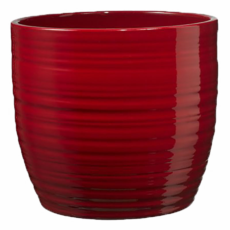 Red ceramic Bergamo indoor plant pot with a 6.3-inch diameter, glazed finish, and ridged design.