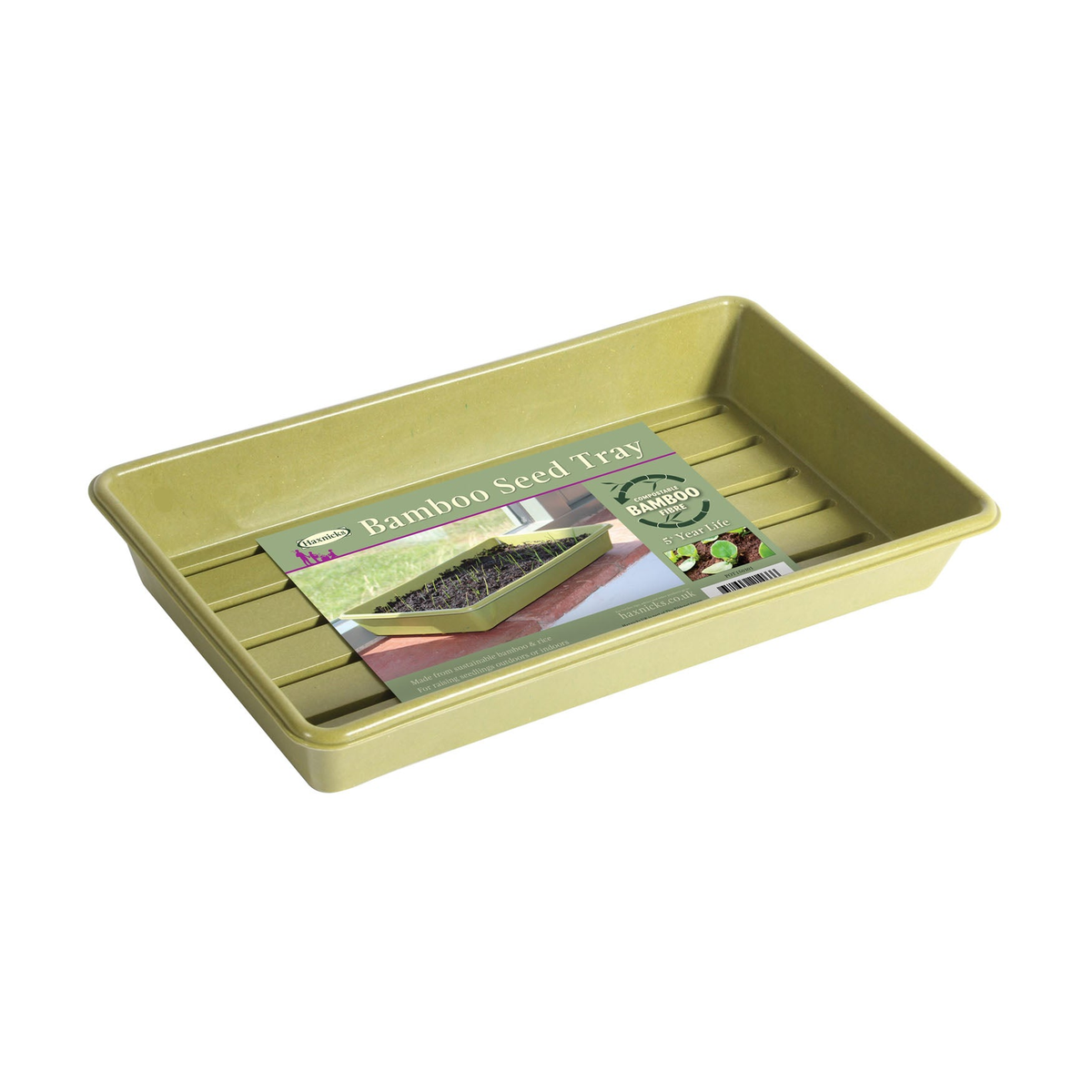 Sustainable Bamboo Seed Tray made from bamboo, rice starch, and organic resin; durable, biodegradable gardening solution.