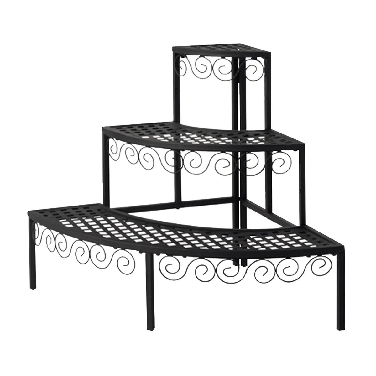 Three-tier black steel end cap plant stand with scrollwork design for indoor or outdoor use.