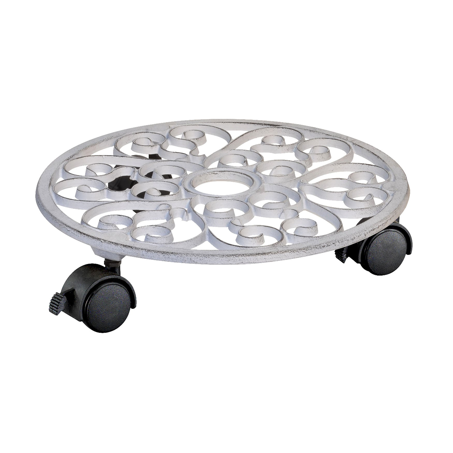 11.4" white round cast iron plant caddy with brakes for indoor and outdoor use.