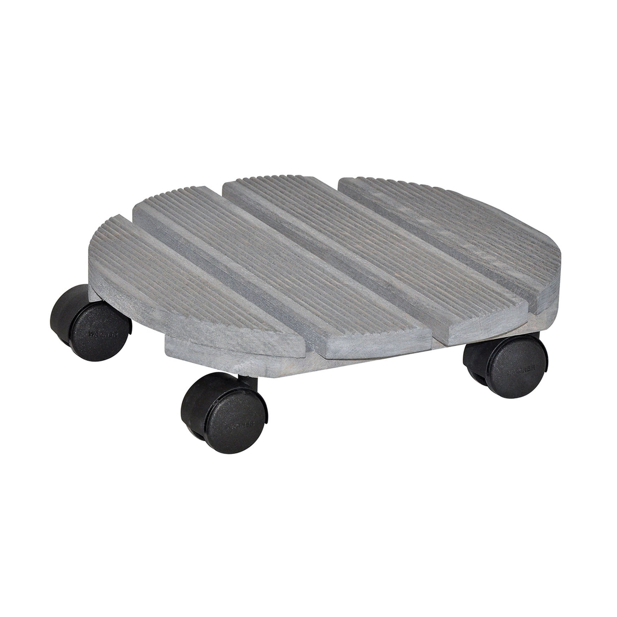 11.4&quot; gray round ribbed indoor plant caddy with twin-wheel casters, eco-friendly beech wood.