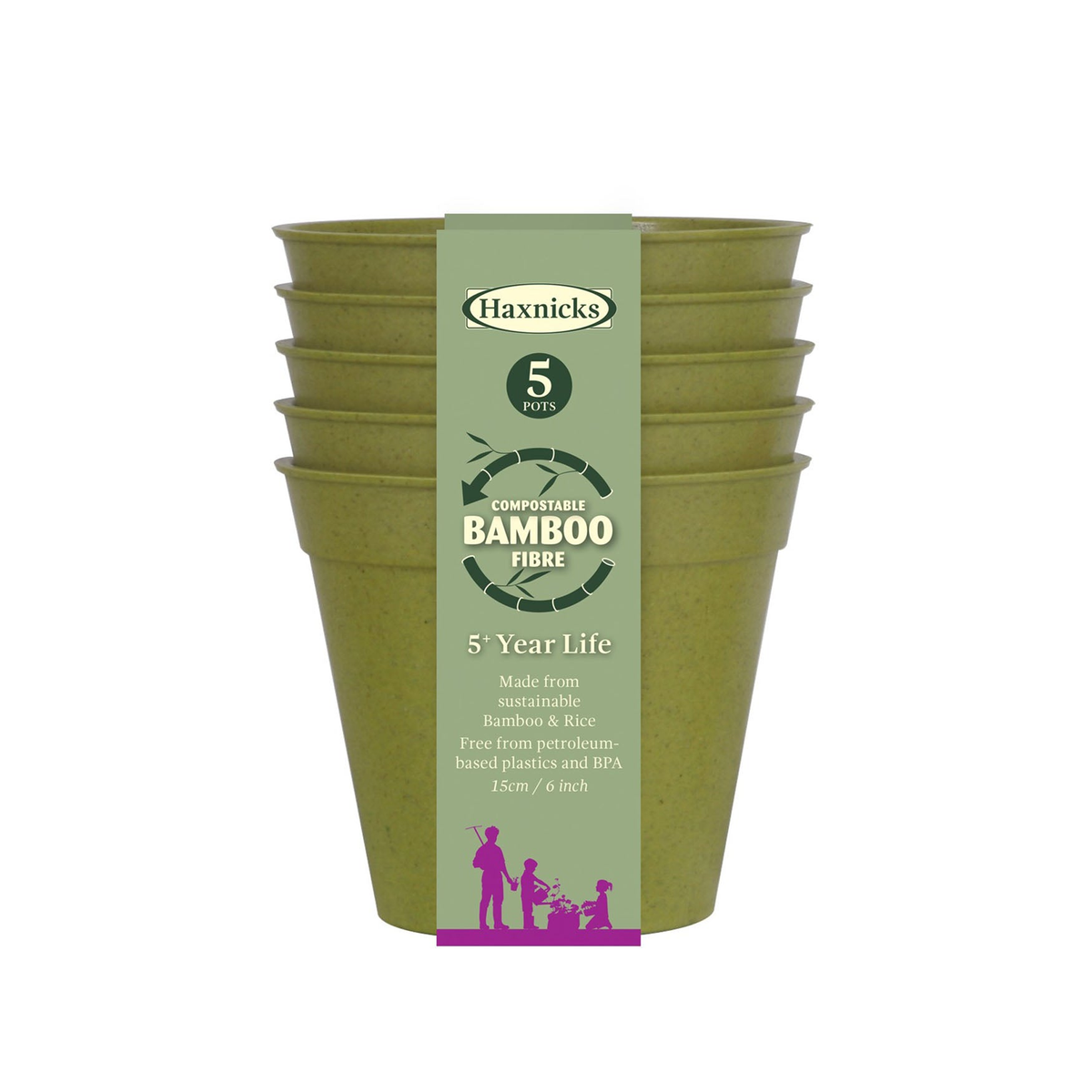 6&quot; green bamboo pot 5-pack, eco-friendly, biodegradable, durable, made from bamboo fiber and rice starch.