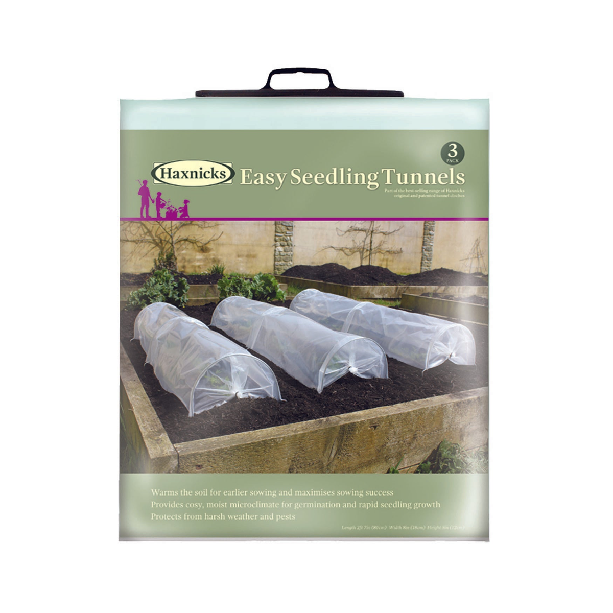 Easy Seedling Tunnel 3-pack with UV-stabilized polyethylene and galvanized steel hoops for seedling protection.