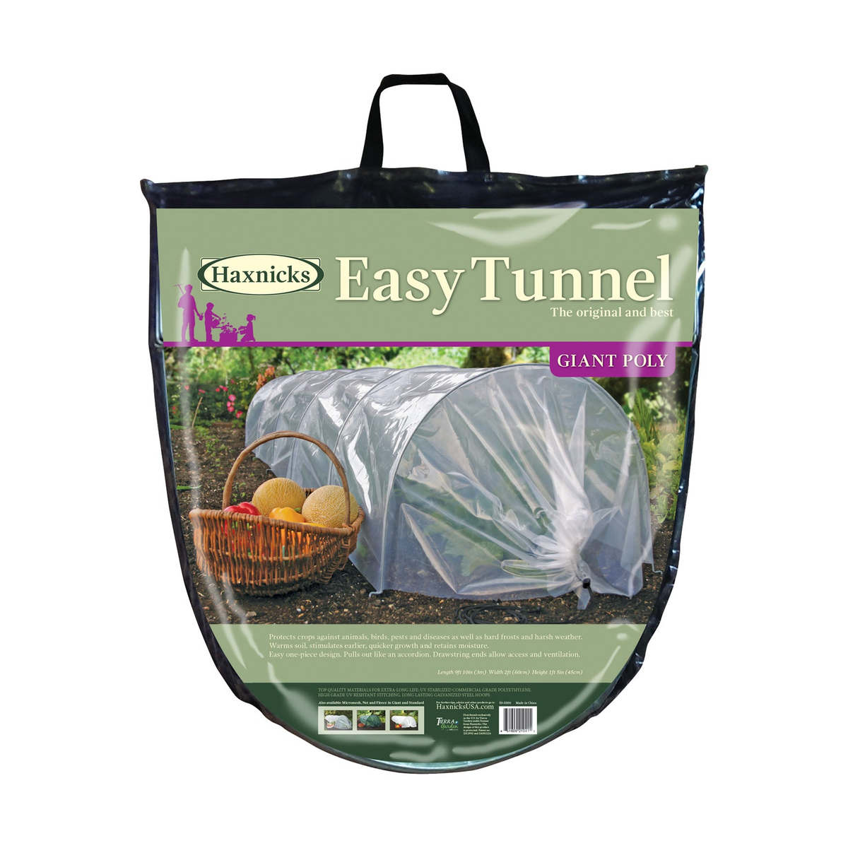 Giant Easy Poly Garden Tunnel with rust-proof steel hoops in packaging, 118&quot; x 24&quot; x 18&quot;, for plant protection.