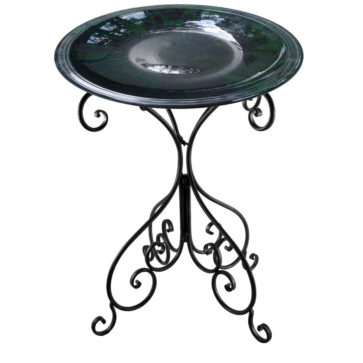 Hunter Green Fiber Clay Birdbath with Black Metal Stand