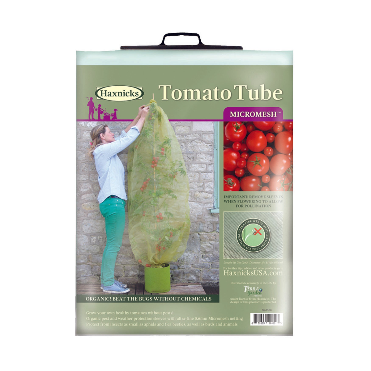 Micromesh Tomato Tube 1pk for pest and weather protection with ultra-fine netting, includes wire ties, 6&#39;7&quot; length, 1&#39;11.5&quot; diameter.