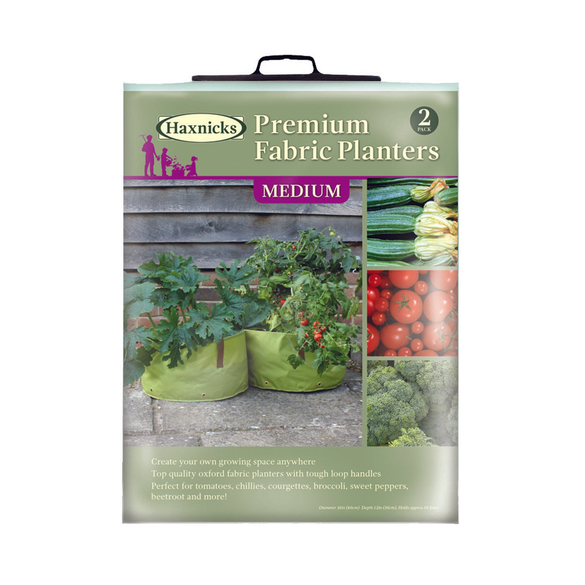 Medium Premium Fabric Planters 2pk with reinforced drainage holes and loop handles, ideal for growing vegetables.