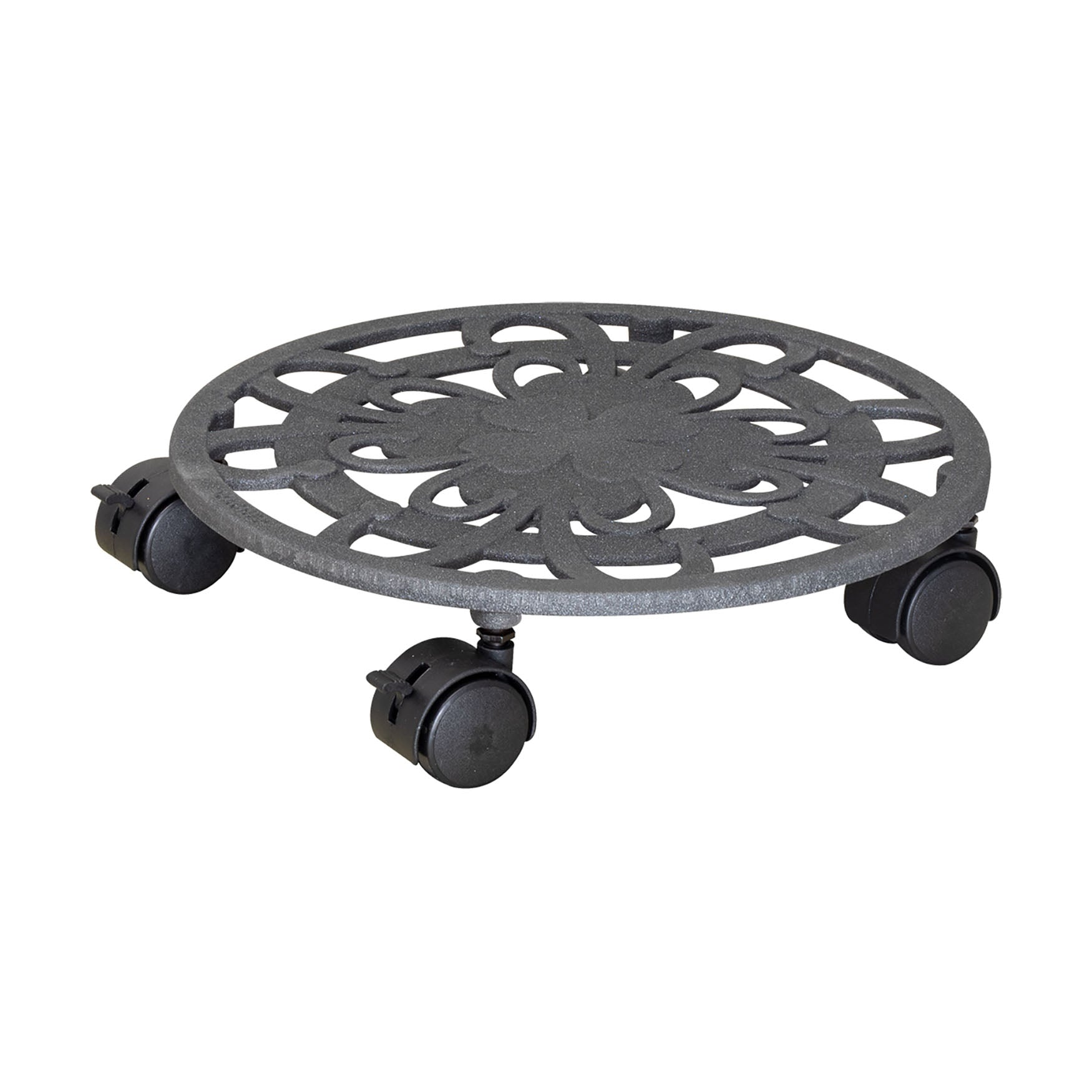 11.4" slate gray cast iron plant caddy with brakes and twin-wheel casters, suitable for indoor and outdoor use, supports up to 110 lbs.