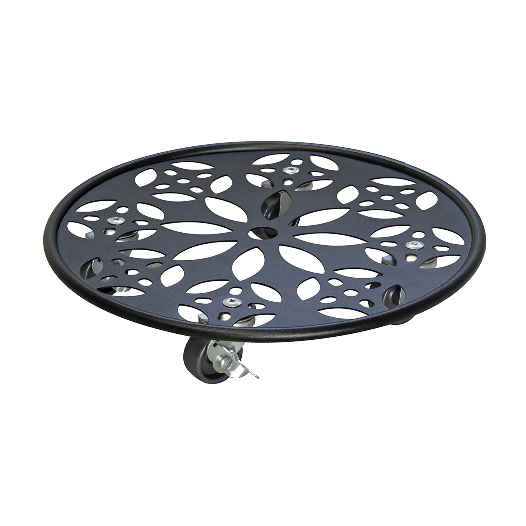 11.8-inch black round flower design steel plant caddy with brakes, indoor/outdoor use.