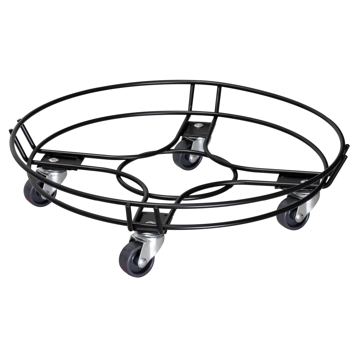 15&quot; Black Round Steel Wire Indoor Plant Caddy with caster wheels and double ring edge.