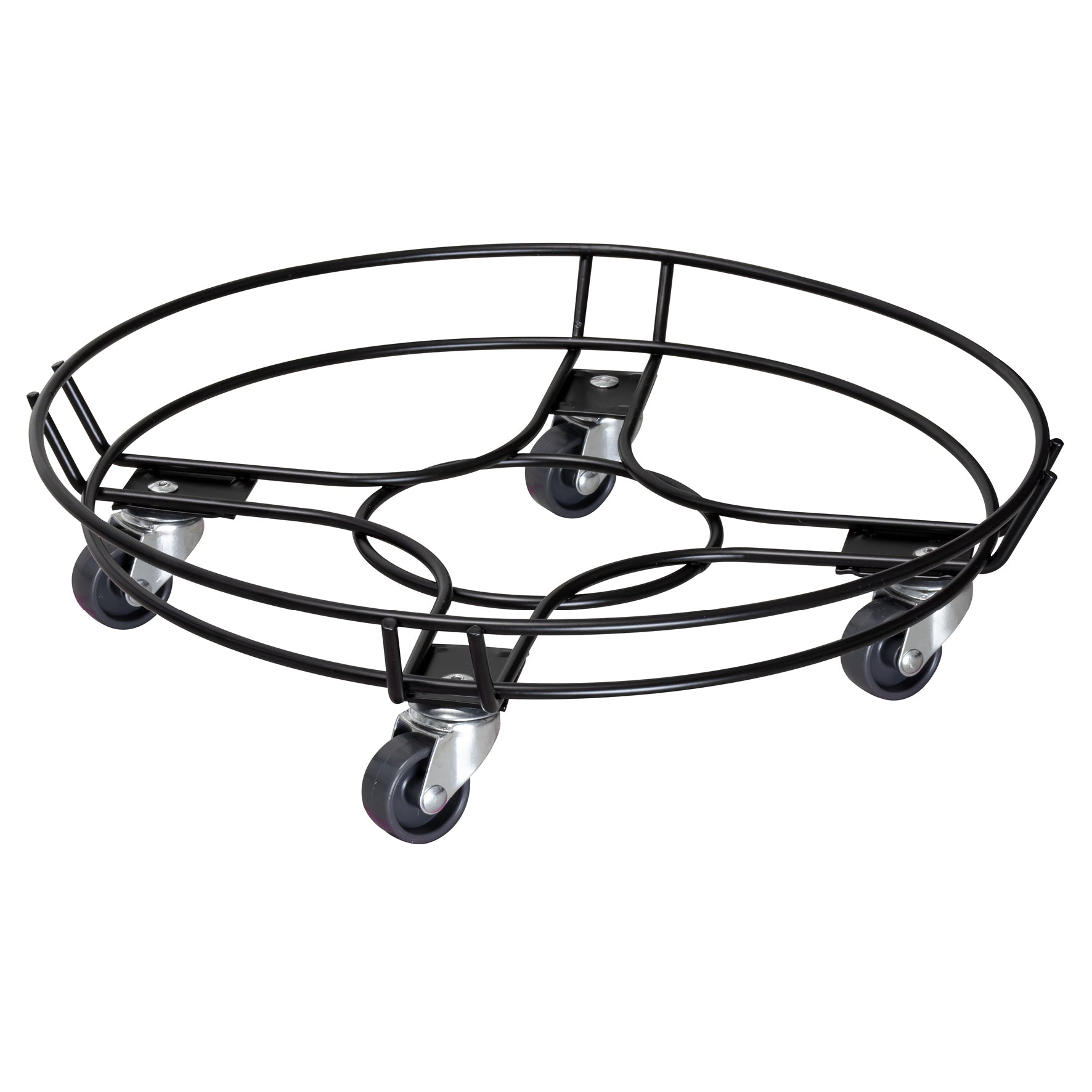 15" Black Round Steel Wire Indoor Plant Caddy with caster wheels and double ring edge.