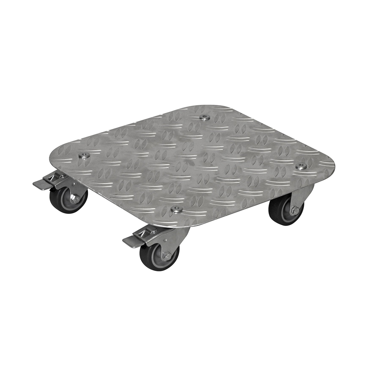 Square aluminum plant caddy with diamond plate design, soft casters, and brakes, 11.4 inches, for indoor/outdoor use.