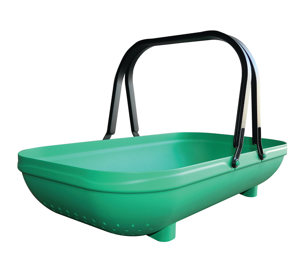 Green colander garden trug, 22 inches long, with integrated colander and drainage holes.