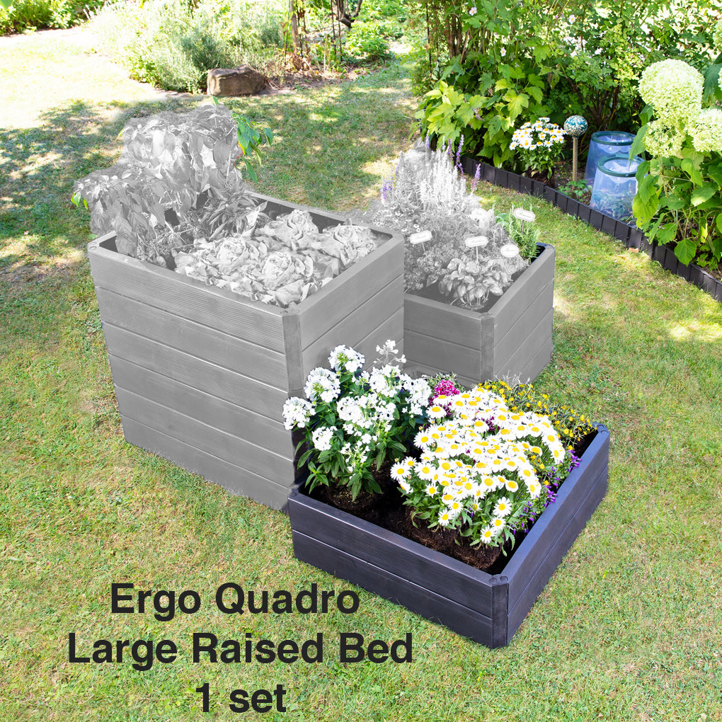 Ergo Quadro Large Raised Garden Flower Bed with flowers; modular design in outdoor setting.