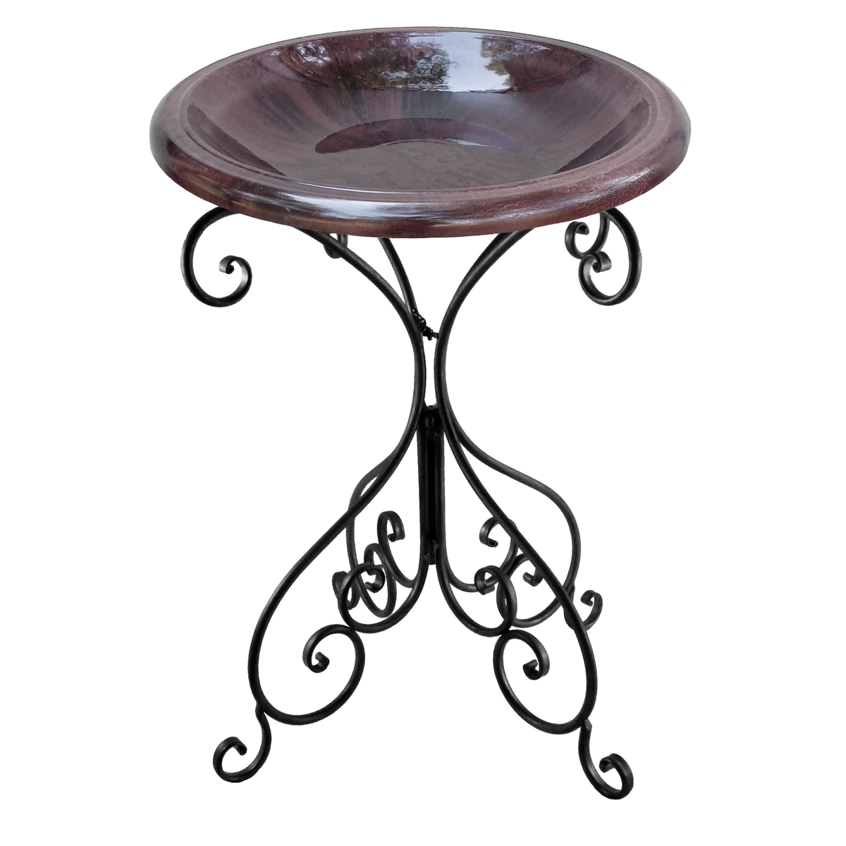 Antique Brown Fiber Clay Birdbath with Black Metal Stand