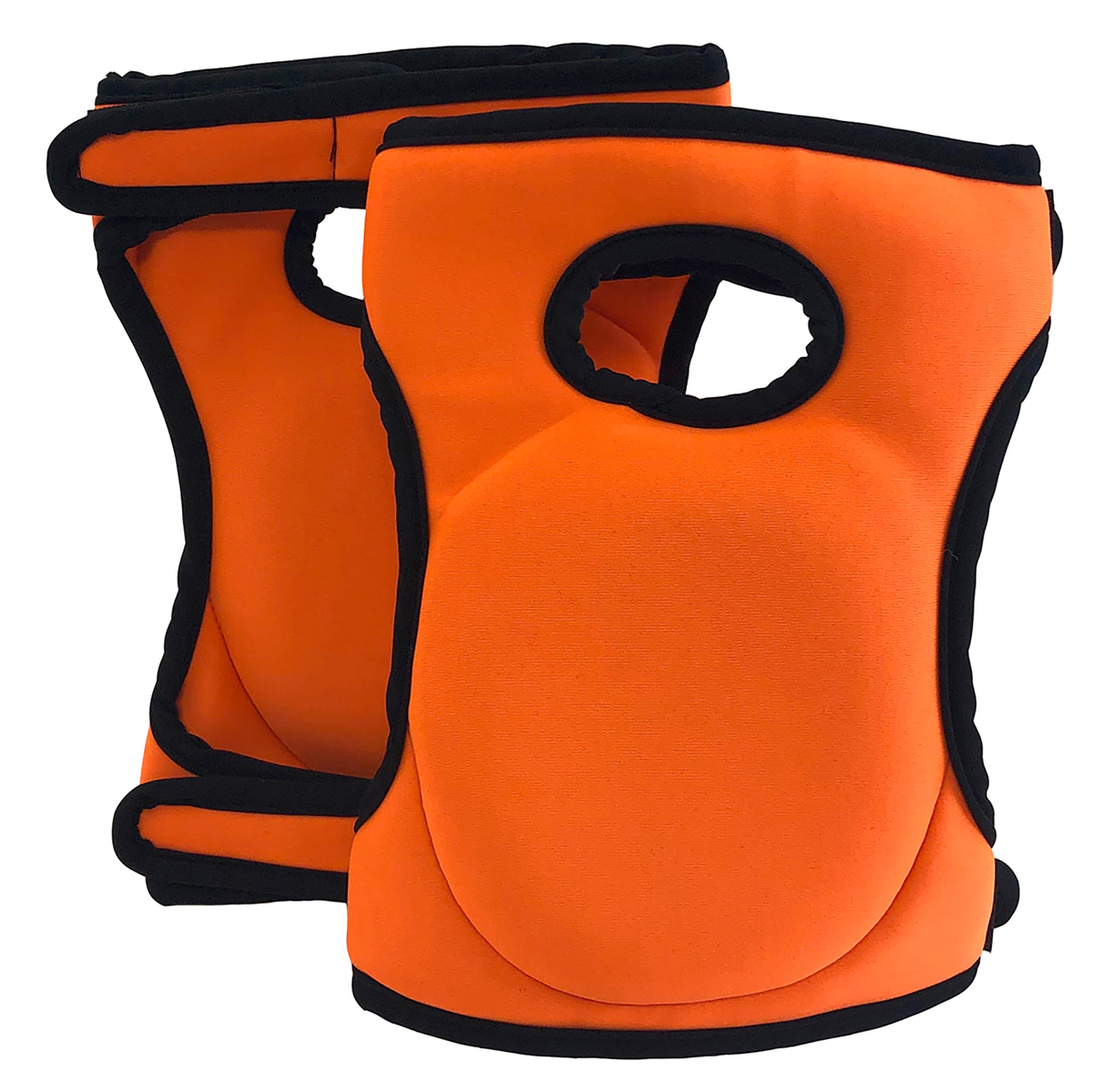 Orange multipurpose memory foam knee pads, 10&quot;H x 7&quot;W, with contoured design and Velcro straps.