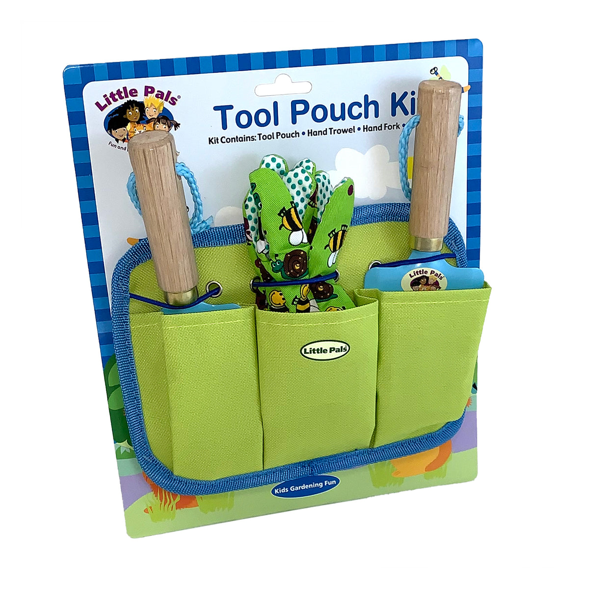 Little Pals Kids Blue/Green Tool Pouch Kit w/Garden Fork &amp; Trowel - Garden Your Way 