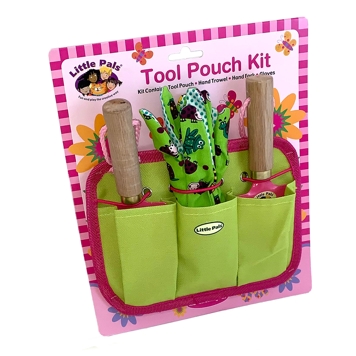 Little Pals Kids Pink/Green Tool Pouch Kit w/Garden Fork &amp; Trowel - Garden Your Way 