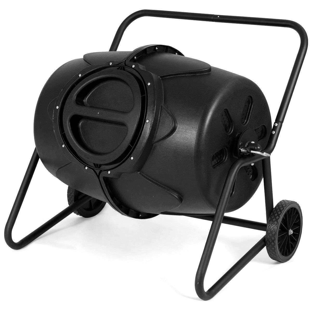 Compost tumbler with 45-gallon capacity, 39.2"L x 31"W x 35.3"H, made from recycled plastic with steel frame and wheels.