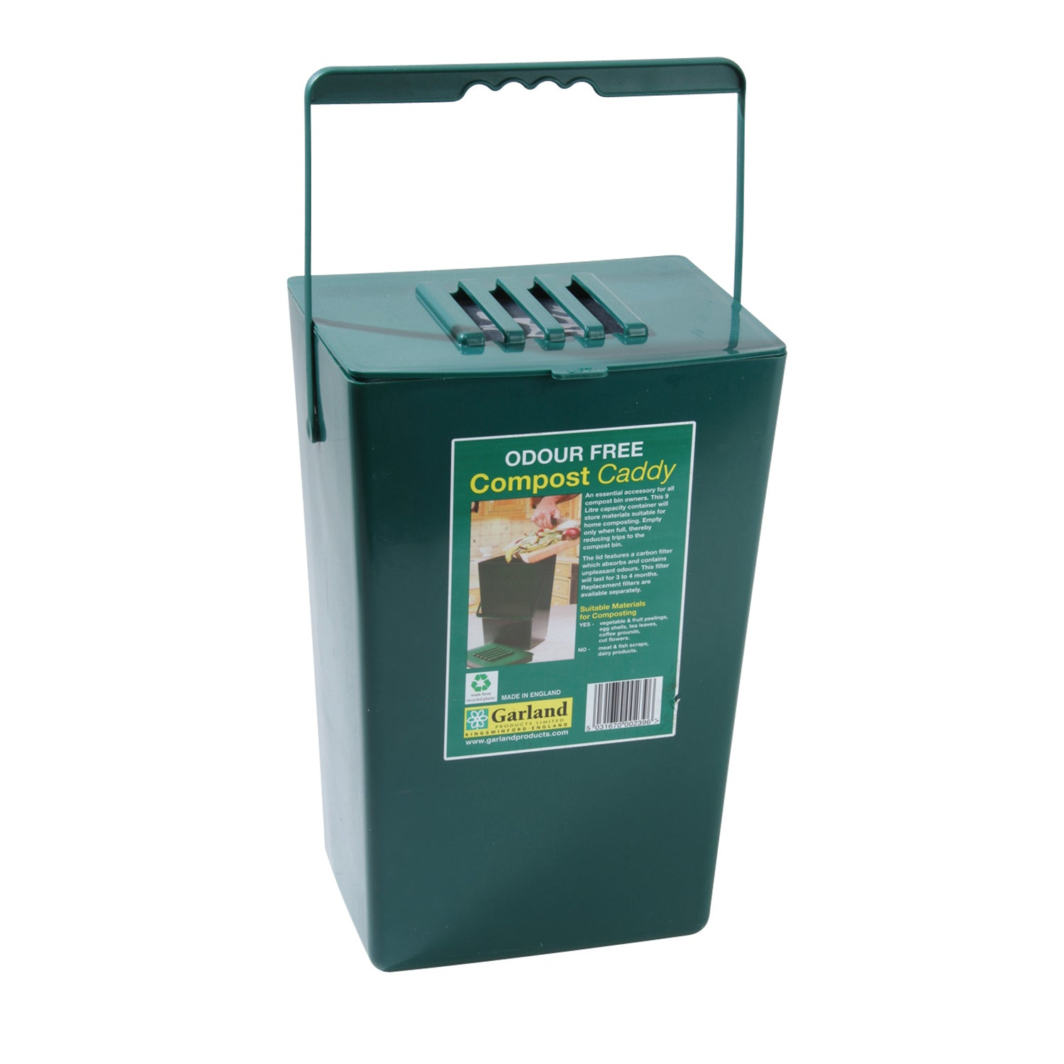 Midi Compost Caddy, 2.5 gallon capacity, recycled plastic, odor-neutralizing filter, ideal for small kitchens.