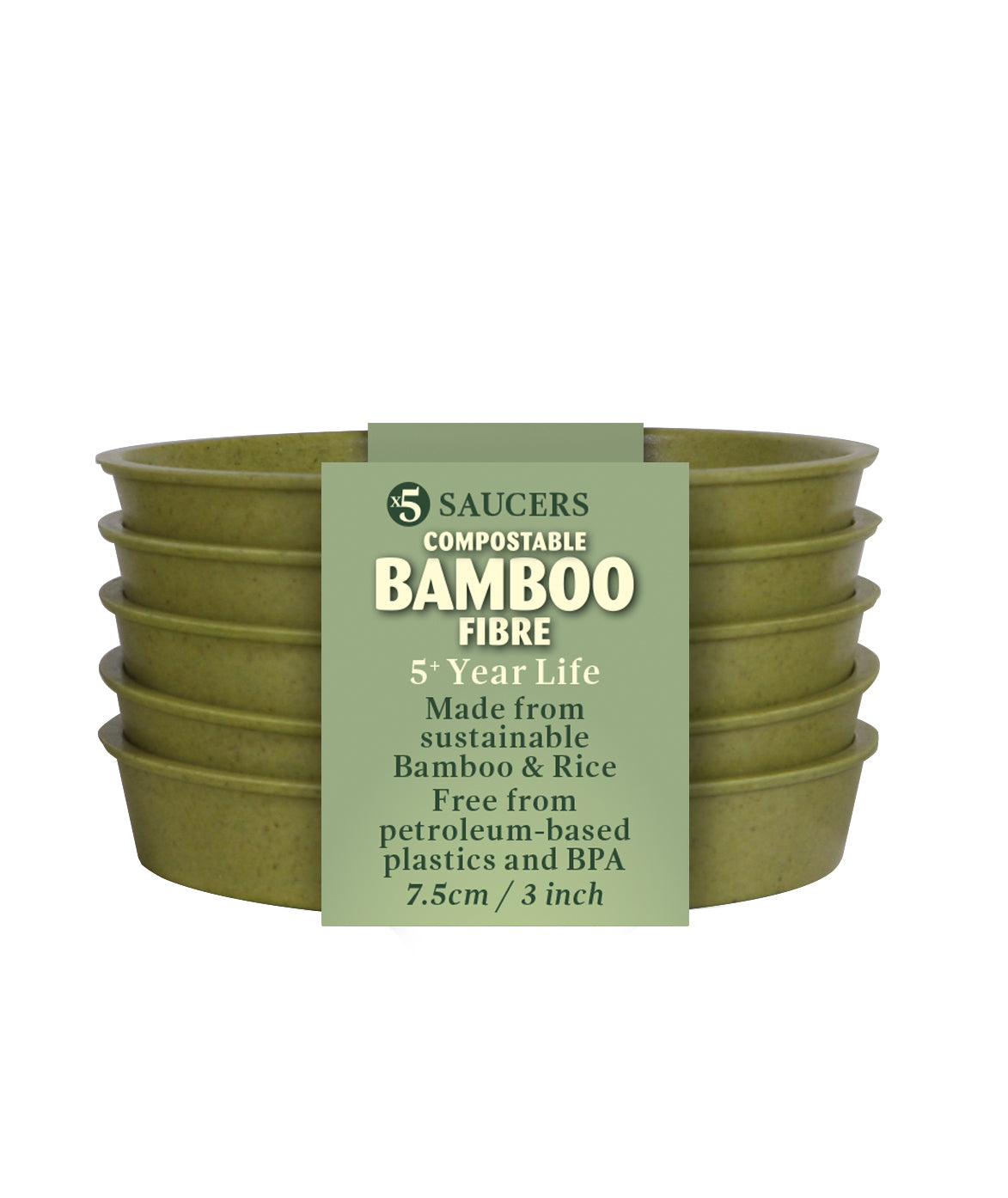 4&quot; green bamboo saucer 5 pack, eco-friendly compostable saucers made from bamboo fiber and rice starch, durable for indoor and outdoor use.