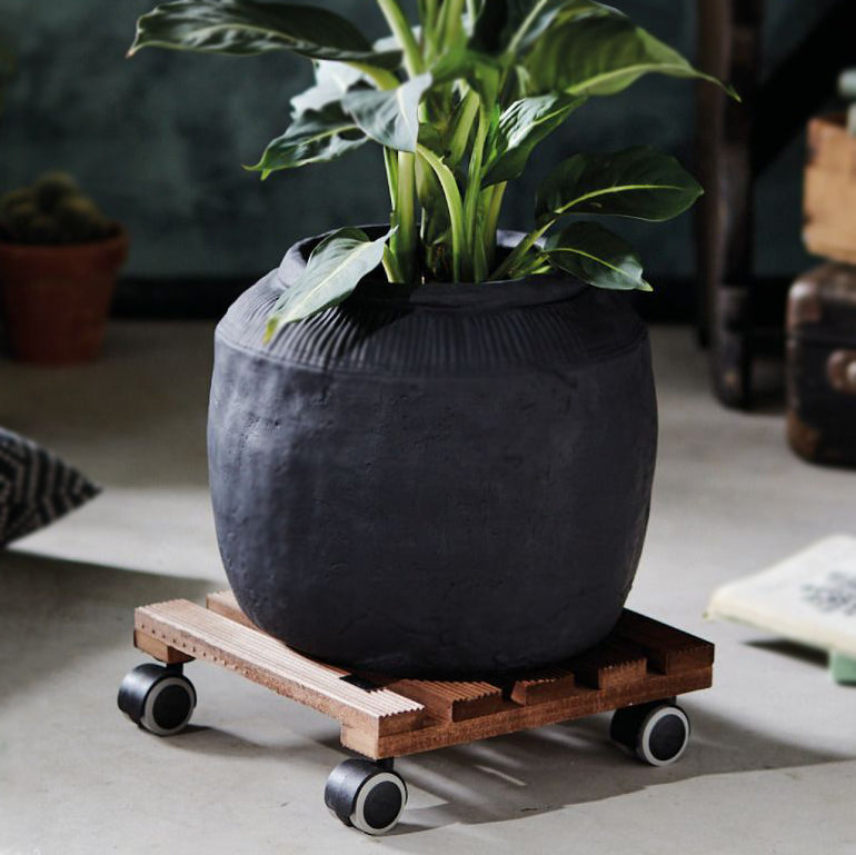 11&quot; square medium wash ribbed wooden indoor plant caddy with pot, twin-wheel casters for smooth mobility, FSC certified.